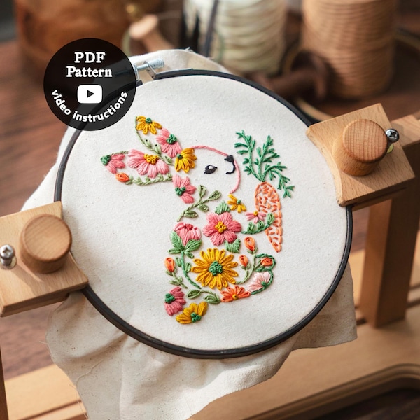 Bunny Embroidery Pattern | 6” & 7” | Easy Beginner Hand Embroidery DIY Hoop Art | How To Embroider Rabbit ( Pdf Pattern + Video )