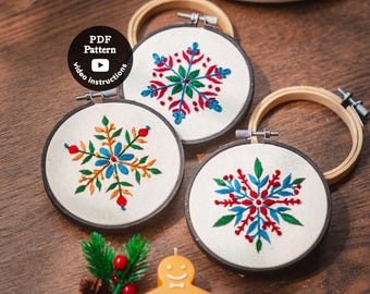Nordic Snowflakes Hand Embroidery Pdf Patterns |  Beginner embroidery | Mini Christmas Embroidery Set | Xmas Ornaments DIY Hoop Art