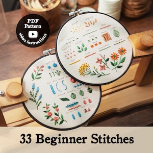 Beginner Practice Sampler Hand Embroidery Pattern Pdf | Tutorial Video | Learn How to embroider flowers for Beginners | 33 Beginner Stitches