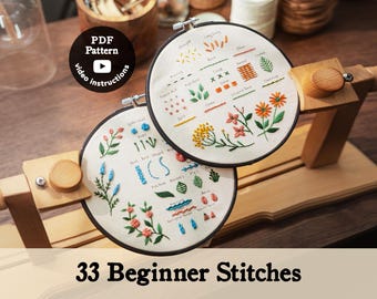 Beginner Practice Sampler Hand Embroidery Pattern Pdf | Tutorial Video | Learn How to embroider flowers for Beginners | 33 Beginner Stitches