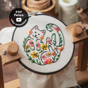 Floral Cat Hand Embroidery Pattern | Beginner DIY Hoop Art (PDF Pattern + Video Instructions)