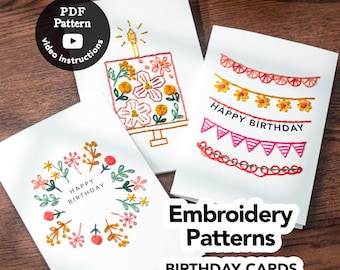 Birthday Card Embroidery Patterns PDF, Easy Beginner Hand Stitch Designs, DIY Handmade Greeting Card Printable Embroidery Set
