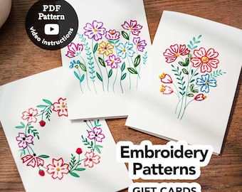 Floral Gift Cards Embroidery Patterns PDF, Easy Beginner Hand Stitch Designs, DIY Handmade Greeting Card Printable Embroidery Set