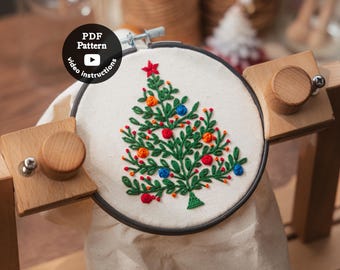 Christmas Tree Hand Embroidery Pattern Pdf + Video | Beginner Stitches | Christmas Ornament | Xmas DIY Hoop Art | Modern Embroidery