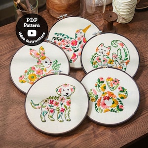 Floral Animal Embroidery Patterns | Beginner DIY Hoop Art | 5 Animals (PDF Pattern + Video)