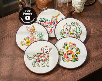 Floral Pets Embroidery Patterns | Beginner DIY Hoop Art | 5 Cute Animals & Pets Hand Embroidery | 7” Hoop (PDF Pattern + Video)