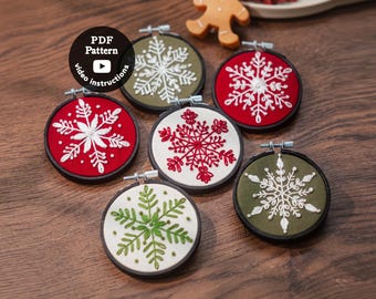 6 Mini Snowflakes Set Hand Embroidery Patterns Pdf + Video | Beginner Easy Embroidery | Simple Christmas Ornaments | Xmas DIY Hoop Art Craft