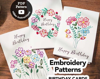 Birthday Card Embroidery Patterns — Printable Gift Cards — Easy Beginner Hand Stitch Designs (PDF Pattern Download)