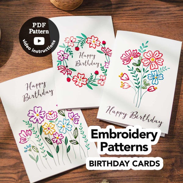 Borduurpatronen verjaardagskaart — Afdrukbare cadeaubonnen — Eenvoudige borduurontwerpen voor beginners (pdf-patroon downloaden)