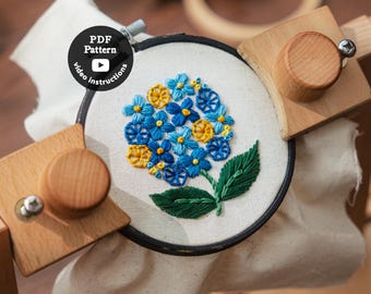 Hydrangea Floral Embroidery Pattern Pdf Download | Beginner Easy DIY Hoop Art | 3” 4” 5” | How To Embroider Flowers ( PDF Pattern + Video )