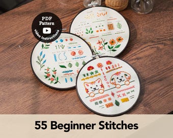 55 Beginner Stitches | 3-in-1 Bundle | Beginner Practice Sampler Hand Embroidery Pattern Pdf | Learn How to embroider (PDF Pattern + Video)