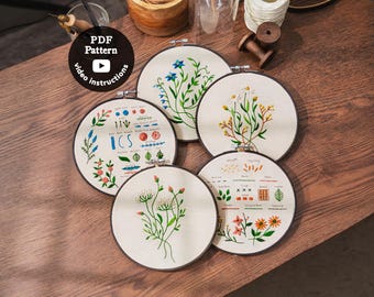 3 Wildflowers + 2 Samplers | 7” | For Beginners | Hand Embroidery Pdf Pattern | How To Embroider Flowers for Beginners | Easy DIY Embroidery
