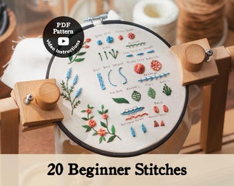 Beginner Practice Sampler Embroidery Pdf Pattern | Tutorial Video | Learn How to embroider flowers for beginners | 20 Beginner Stitches