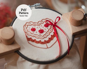 Red Velvet Cake Embroidery Pattern PDF | Minimal One-Color Dessert Stitch with Cherry & Ribbon | Modern Food Embroidery Design for Hoop Art