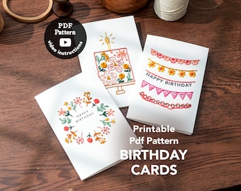 Birthday Card Embroidery Pattern PDF ( Printable ) | Easy Hand Stitched Design | DIY Card Pattern | Instant Download | Cake, Wreath, Garland
