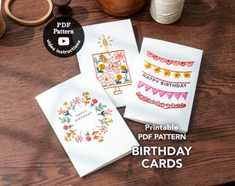 Birthday Card Embroidery Pattern PDF ( Printable ) | Easy Hand Stitched Design | DIY Card Pattern | Instant Download | Cake, Wreath, Garland