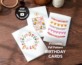 Birthday Card Embroidery Pattern PDF ( Printable ) | Easy Hand Stitched Design | DIY Card Pattern | Instant Download | Cake, Wreath, Garland