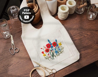 Poppy Meadow Tote Bag Embroidery Pattern PDF | Beginner Floral Hand Embroidery Design | DIY Bag Stitch Guide