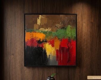 Deep Red Impasto Abstract Landscape Painting on Canvas for Living Room Decor, Textured Burnt Orange and Gold Wall Art, Modern Art TSA-DRL