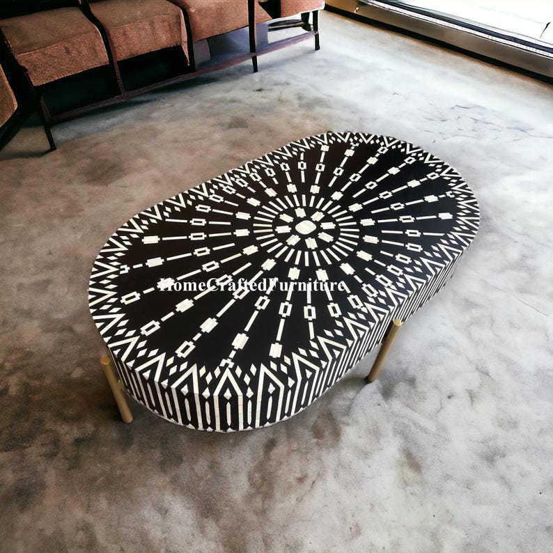 Tabletop Geometric Design Bone Inlay Geometric Design Oval Shape Coffee Table Black - Etsy