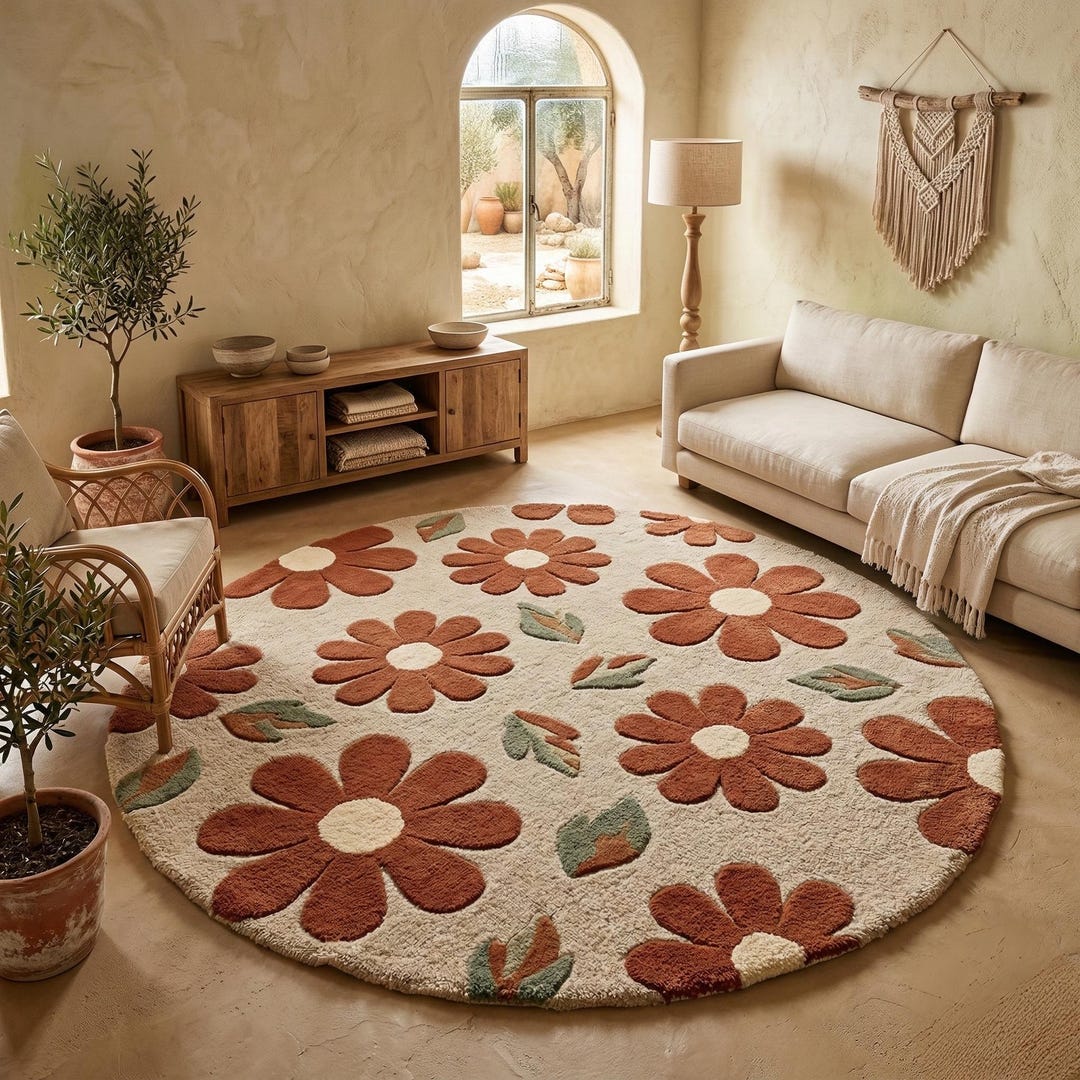 Hand Tufted Wool Rug: Round Floral Boho Beige Terracotta Daisy Pattern ...
