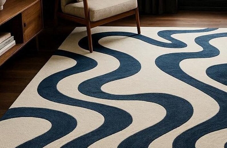 Modern Wavy Navy Blue Hand Tufted Wool Rug Abstract Wave Area Carpet ...
