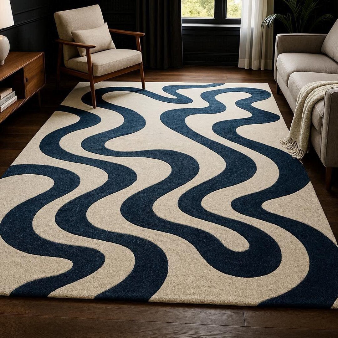Modern Wavy Navy Blue Hand Tufted Wool Rug Abstract Wave Area Carpet ...