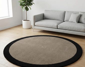 Hand Tufted Wool Rug Round Beige Black Border Minimalist Modern Area Rug