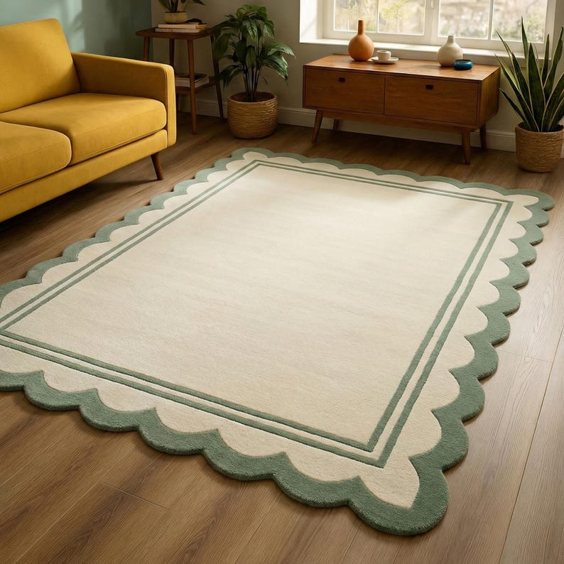 Hand Tufted Wool Rug: Cream & Green Scalloped Border 8x10 Area Rug - Etsy