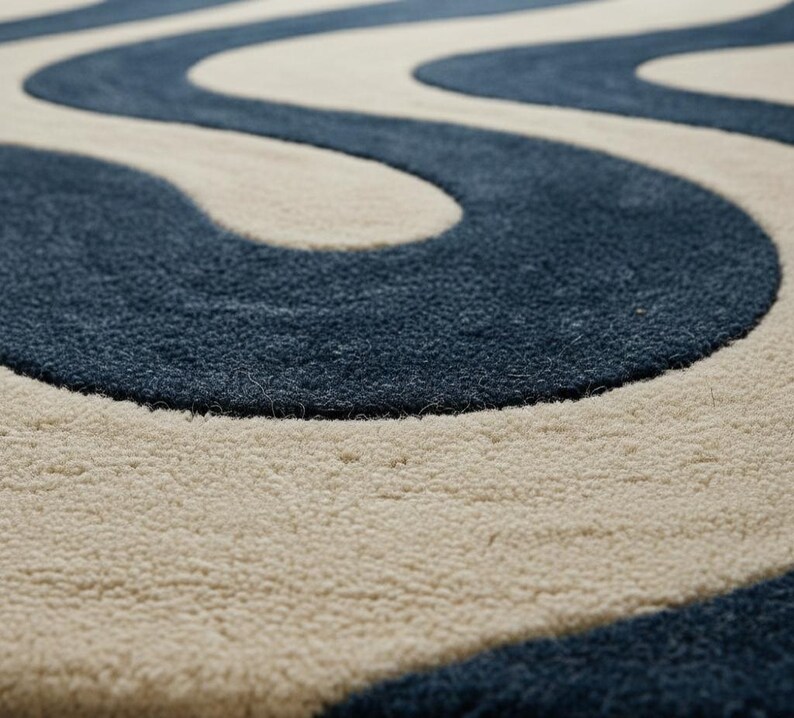 Modern Wavy Navy Blue Hand Tufted Wool Rug Abstract Wave Area Carpet ...