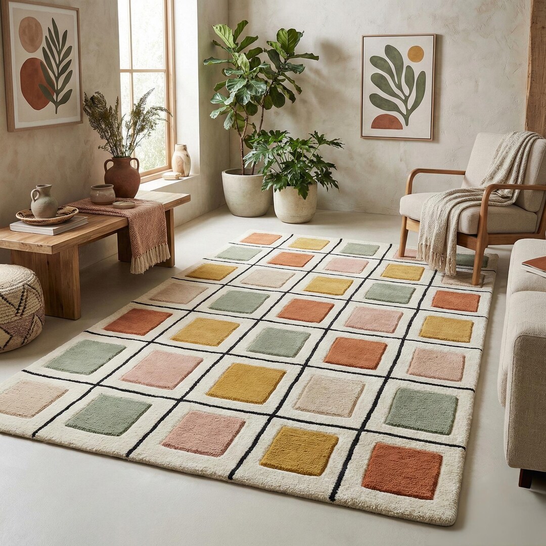 Hand Tufted Wool Rug Pastel Grid Pattern Modern Color Block Plush Area ...