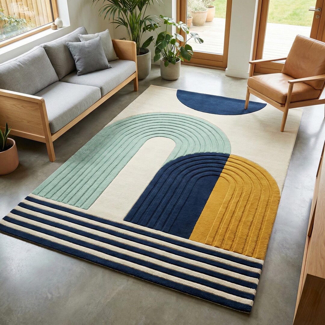 Hand Tufted Wool Rug Modern Geometric Arch Pattern Colorblock Sculpted ...