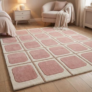 Hand Tufted Wool Rug Blush Pink Grid Pattern Plush Modern Checkered Area Carpet