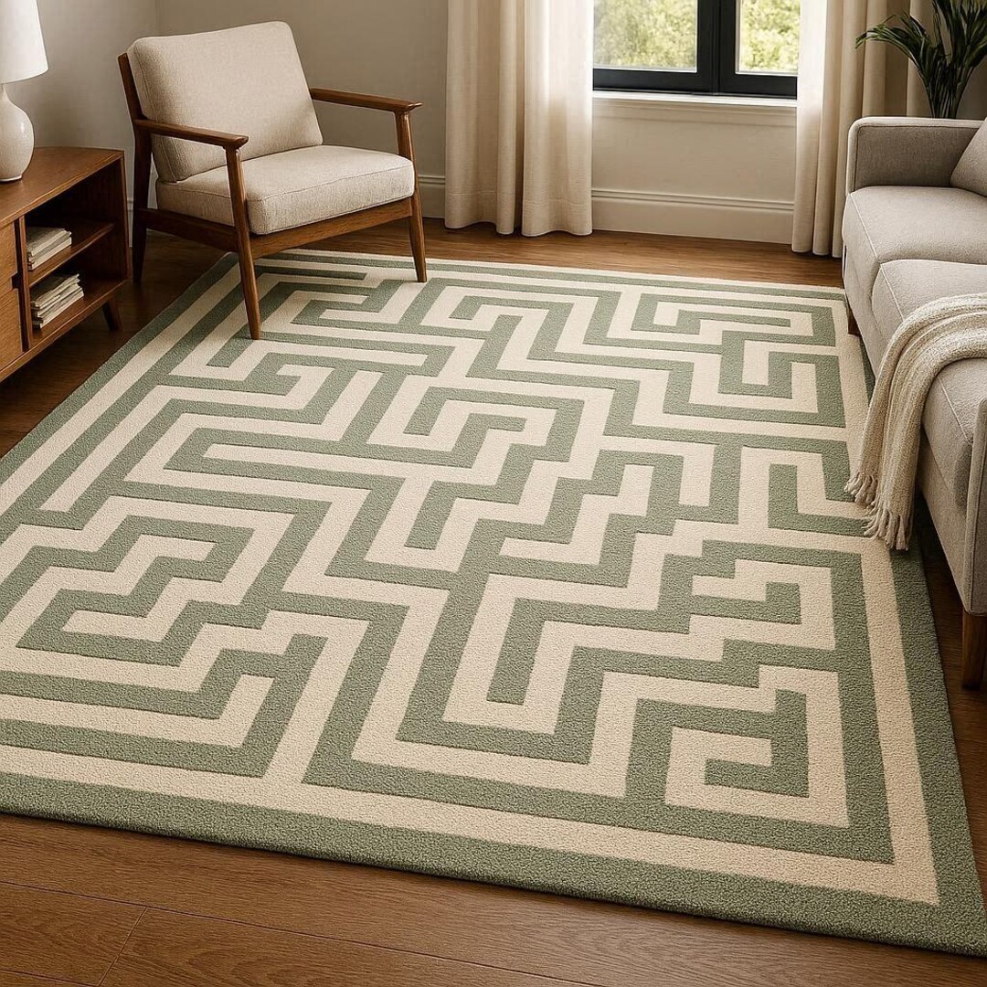 Handmade Sage Green Maze Wool Rug - Modern Geometric Tufted Area Rug ...