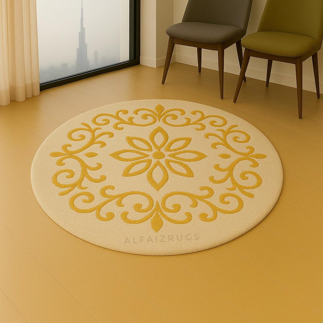 Handtufted Wool Round Rug Yellow Floral Area Carpet Custom Size 5x5 ...