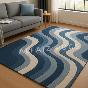 Hand Tufted Wool Rug: Modern Wave Pattern - Blue, Gray & Beige