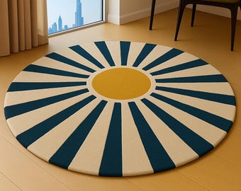 Modern Sunburst Hand Tufted Wool Area Rug Yellow Blue Round Nursery Decor 5x5 Feet