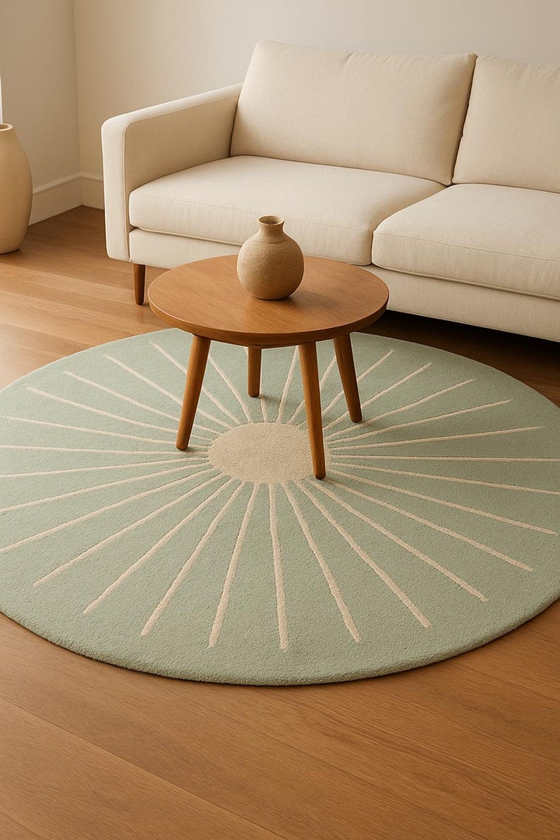 May include: A round, light green rug with a sunburst design. The rug features a central beige circle with radiating cream-colored lines. A wooden coffee table with a vase sits on top of the rug. A beige sofa is in the background.