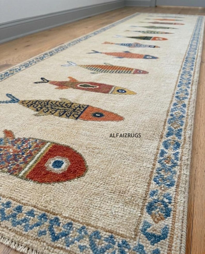 Classic Rug Pattern Background Hand Knotted Oushak Rug Fish Motif Runner 2.5x10 & 3x12 Cream Coastal ...
