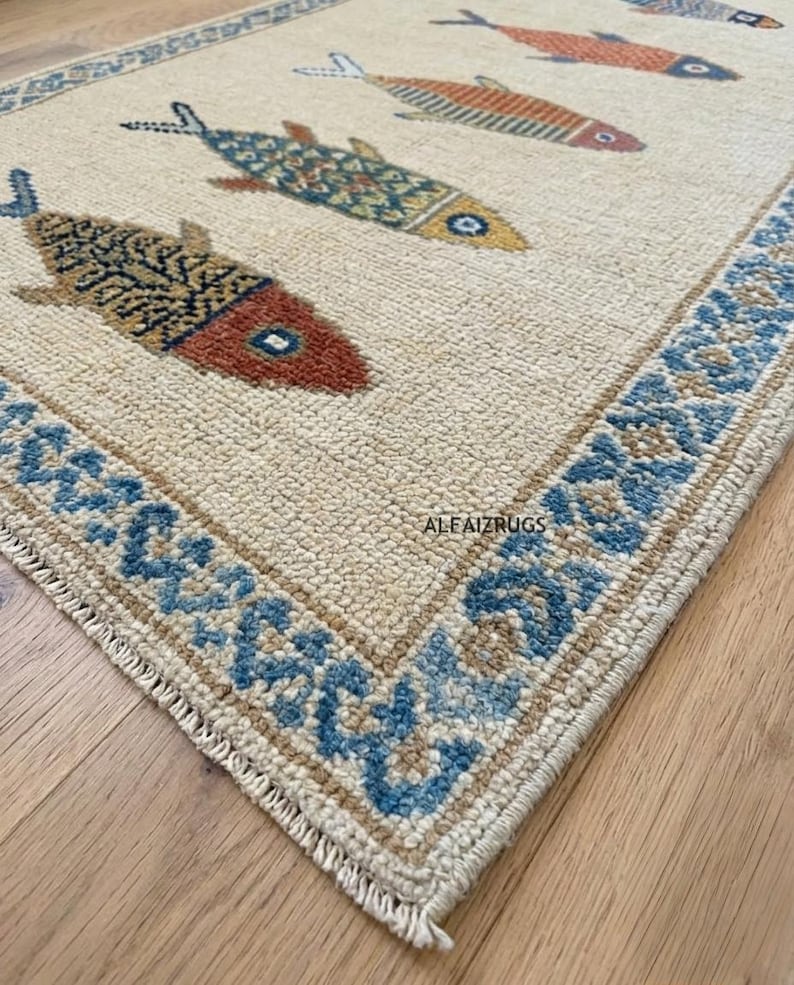 Classic Rug Pattern Background Hand Knotted Oushak Rug Fish Motif Runner 2.5x10 & 3x12 Cream Coastal ...