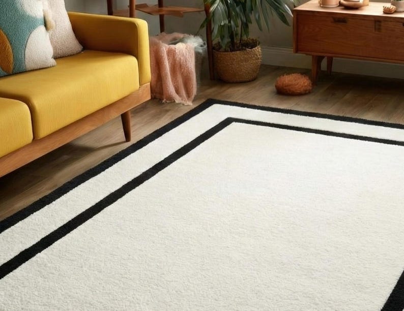 Hand Tufted Wool Rug Modern Black Border Cream Minimalist Area Rug for ...