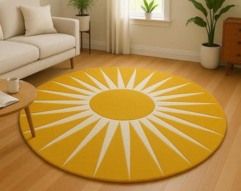 Sunburst Yellow Round Wool Rug Handtufted 6x6 Circle Area Carpet Modern Sun Floor Mat