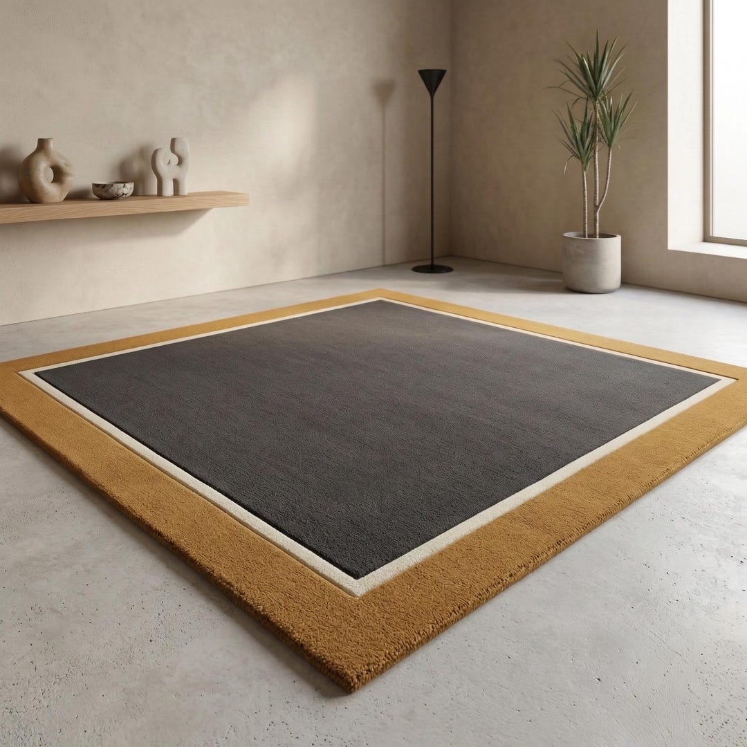 Wool Rug Bordered Design Hand Tufted Wool Rug Modern Border Design Neutral Grey Center Mustard ...