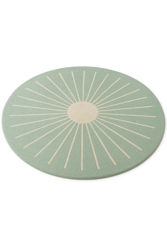 Sage Green Sunburst Round Tufted Wool Area Rug Modern Circular Hand-Made Carpet 6x6