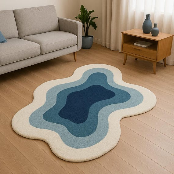Handtufted Wool Rug Blue Wavy Irregular Shape Area Carpet Modern Aesthetic Custom Rug