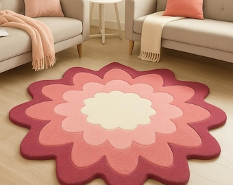 Hand Tufted Wool Flower Rug Pink Floral Scalloped Shape Nursery Living Room 4x4 Feet