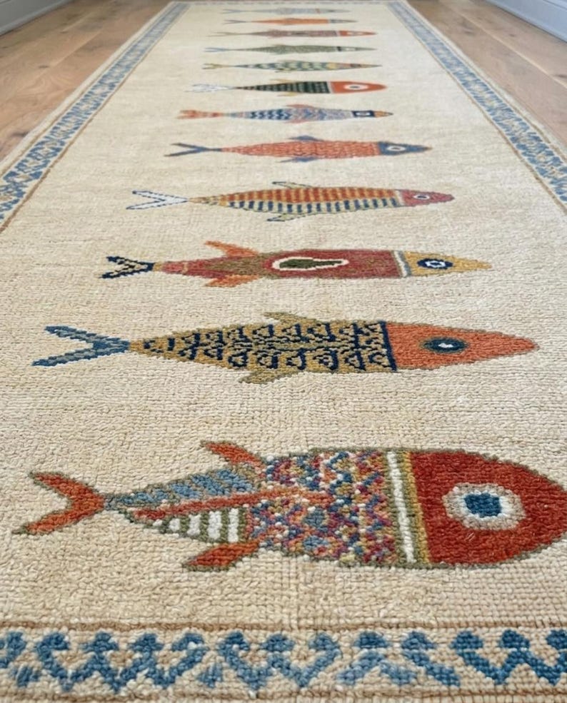 Classic Rug Pattern Background Hand Knotted Oushak Rug Fish Motif Runner 2.5x10 & 3x12 Cream Coastal ...