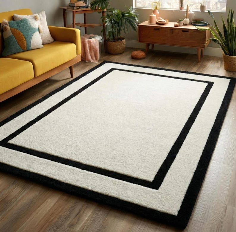 Hand Tufted Wool Rug Modern Black Border Cream Minimalist Area Rug for ...