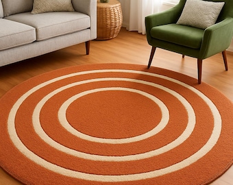 Round Concentric Circle Rug - Rust Orange & Cream Hand Tufted Mid-Century Area Rug.