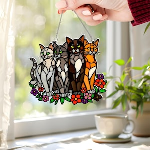Katzen Suncatcher Buntglas Fensterbehang, Acryl Katze und Blumen Wand Fensterbehang Kunstdekoration, Katzenwohndekor, Katzenfensterbehänge